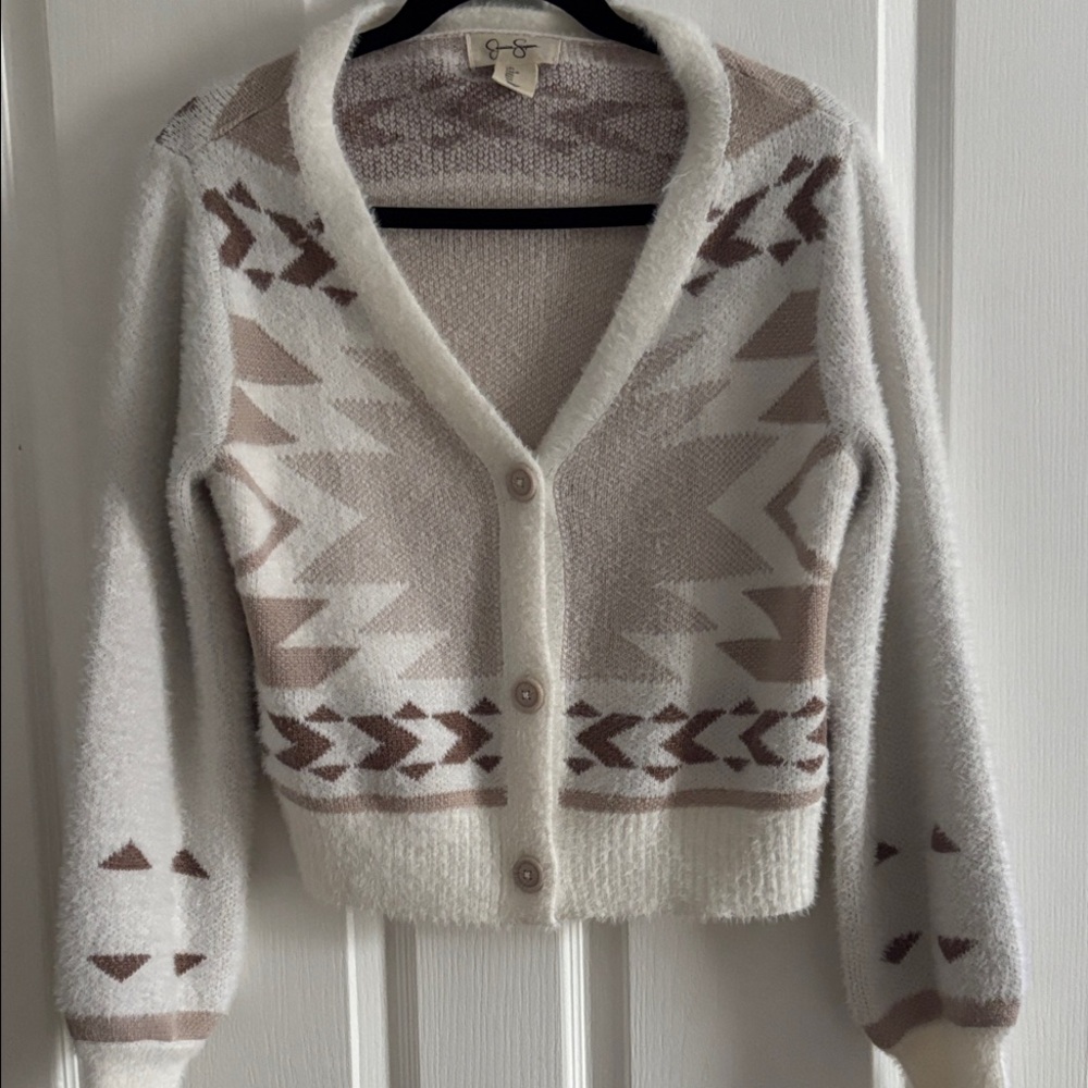 EUC- Jessica Simpson Soft,Fuzzy cropped,Cream and Brown Patterned Cardigan